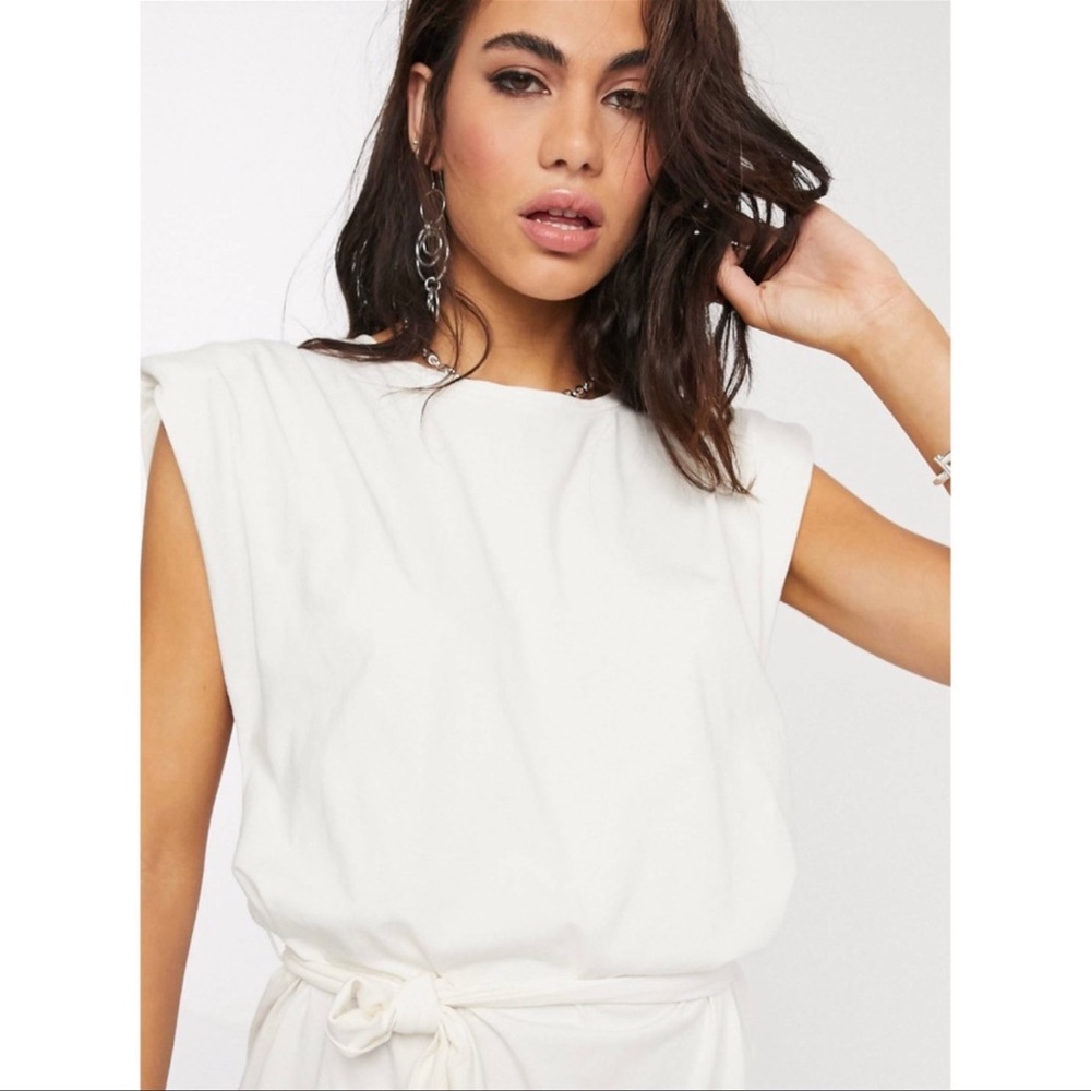 Bershka tie-waist padded shoulder dress
